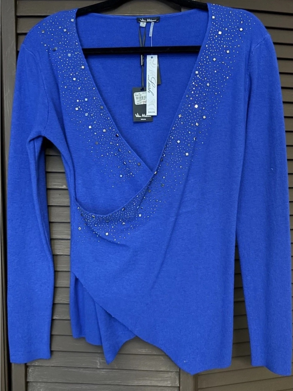 Vila Milano Blue Beaded V-Neck Long Sleeve Pullover Sweater Size S